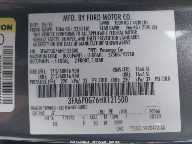 3FA6P0G76HR121500 Ford FUSION S
