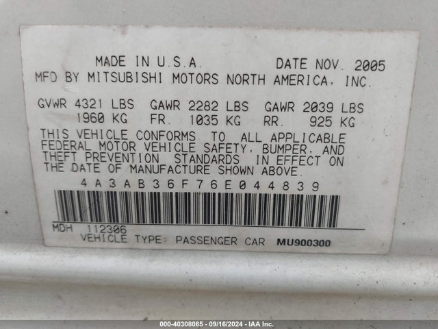 2006 MITSUBISHI GALANT 4A3AB36F76E044839 Photo 8