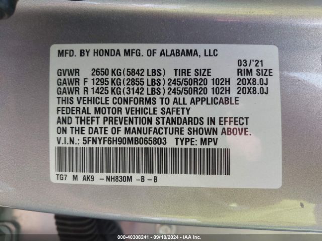 5FNYF6H90MB065803 Honda Pilot Awd Touring 8 Passenger