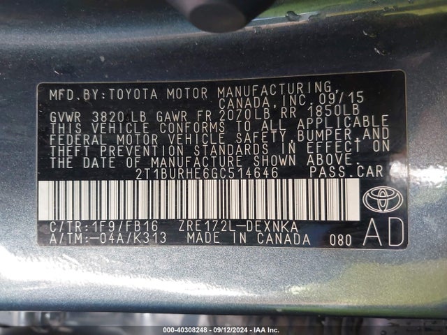 Toyota COROLLA LE 2016 2T1BURHE6GC514646 Image 9