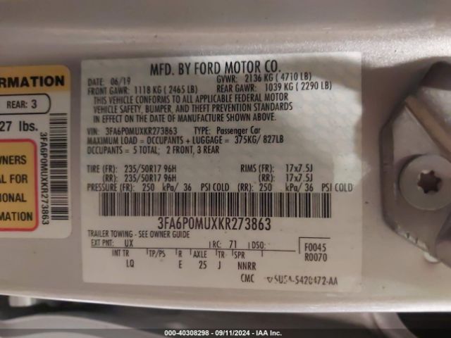 3FA6P0MUXKR273863 Ford Fusion Hybrid Sel