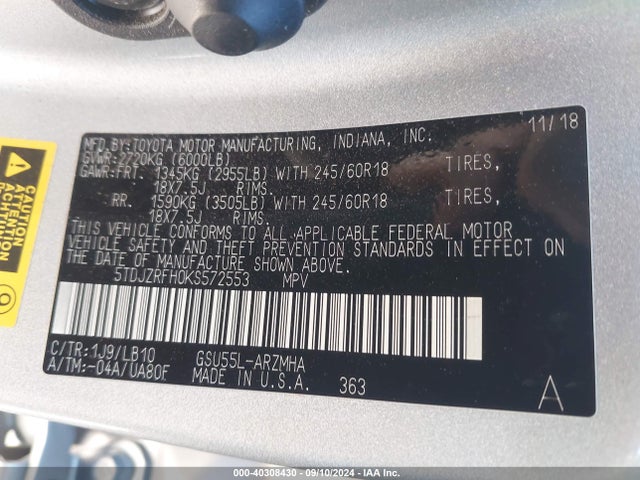 Toyota Highlander Xle 2019 5TDJZRFH0KS572553 Image 9