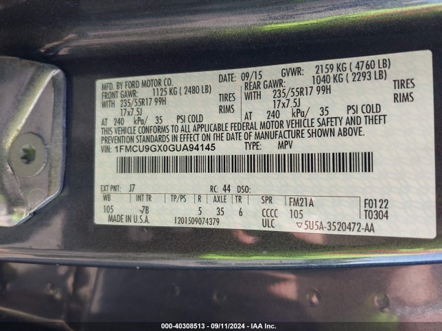Ford ESCAPE SE 2016 1FMCU9GX0GUA94145 Image 9