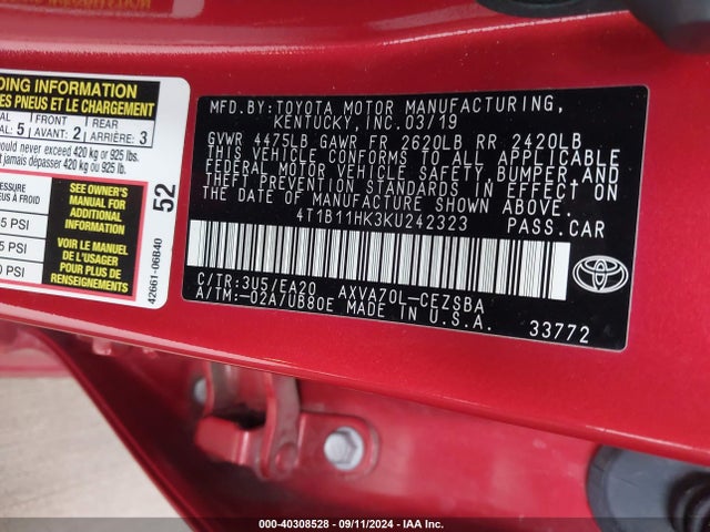 4T1B11HK3KU242323 Toyota CAMRY SE