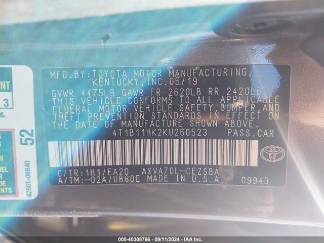 Toyota CAMRY SE 2019 4T1B11HK2KU260523 Image 9