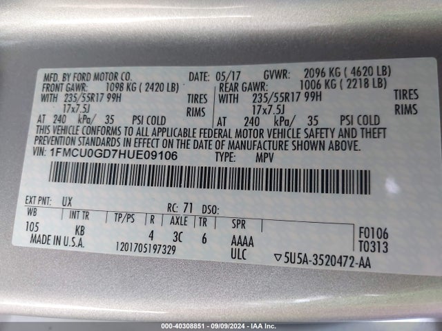 Ford ESCAPE SE 2017 1FMCU0GD7HUE09106 Image 9