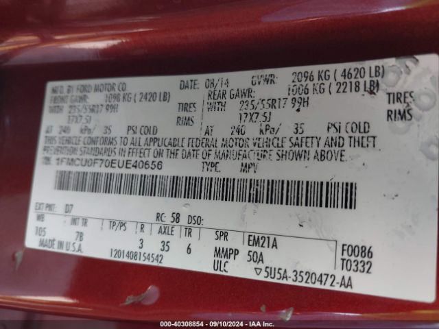 1FMCU0F70EUE40656 Ford ESCAPE S