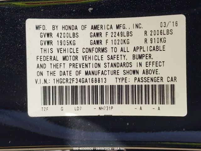1HGCR2F34GA168813 Honda ACCORD LX