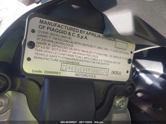 2021 APRILIA TUONO ZD4KSUE04MS000374 Photo 9