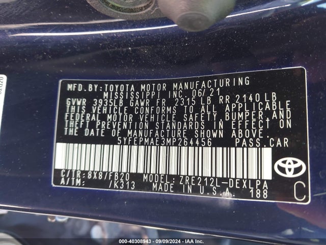 Toyota COROLLA LE 2021 5YFEPMAE3MP264456 Image 9
