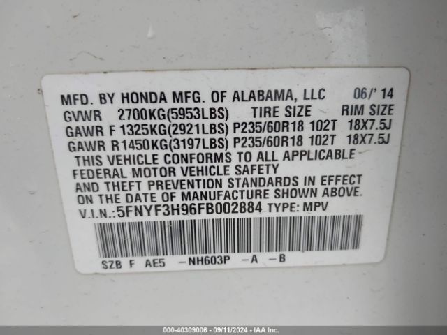 5FNYF3H96FB002884 Honda Pilot Touring