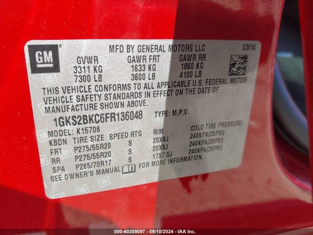 1GKS2BKC6FR136048 GMC YUKON SLT