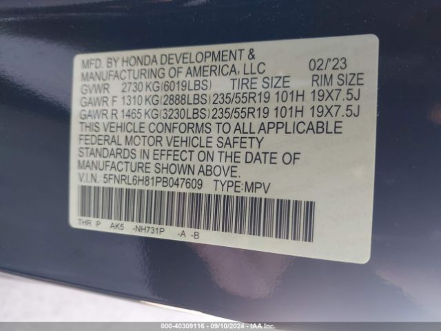 5FNRL6H81PB047609 Honda Odyssey Touring