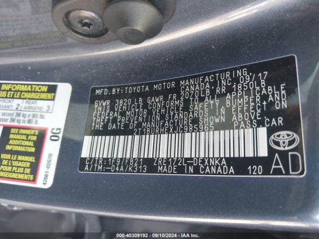 2T1BURHEXJC985965 Toyota COROLLA LE