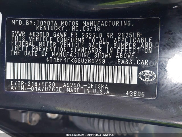 Toyota CAMRY SE 2016 4T1BF1FK6GU260259 Image 9