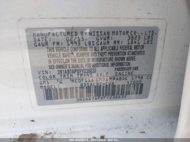 3N1AB7APXFY238832 Nissan Sentra Fe+ S/s/sl/sr/sv