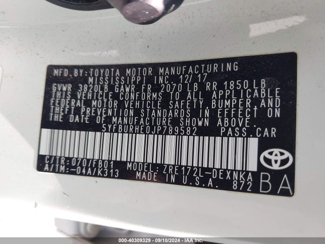 Toyota COROLLA LE 2018 5YFBURHE0JP789582 Image 9