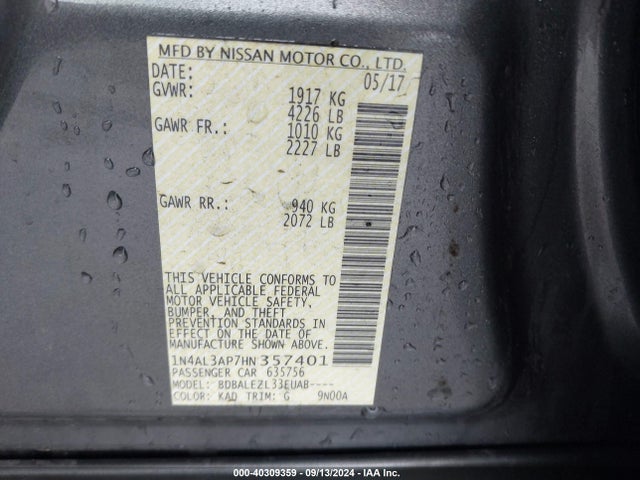 Nissan Altima 2.5 S 2017 1N4AL3AP7HN357401 Image 9