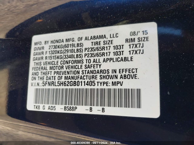 Honda Odyssey Ex-l 2016 5FNRL5H62GB011405 Image 9