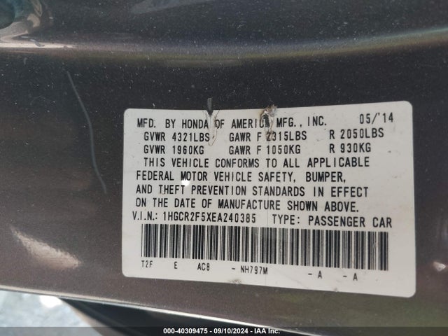 Honda Accord Sport 2014 1HGCR2F5XEA240385 Image 9