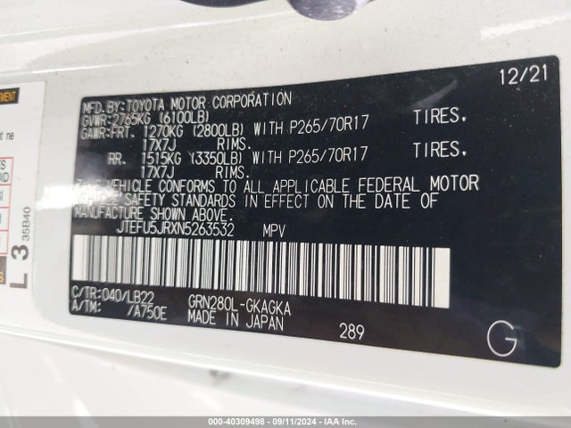 Toyota 4runner Sr5 Premium 2022 JTEFU5JRXN5263532 Image 9