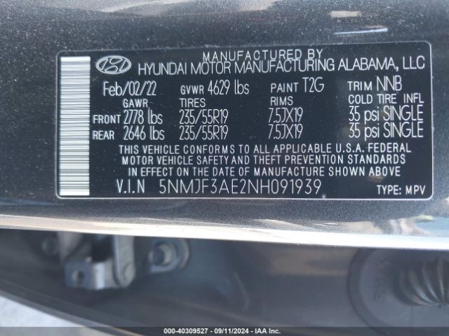 5NMJF3AE2NH091939 Hyundai TUCSON SEL