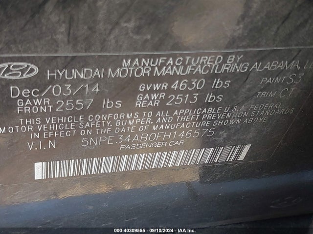 Hyundai Sonata Limited 2.0t 2015 5NPE34AB0FH146575 Image 9