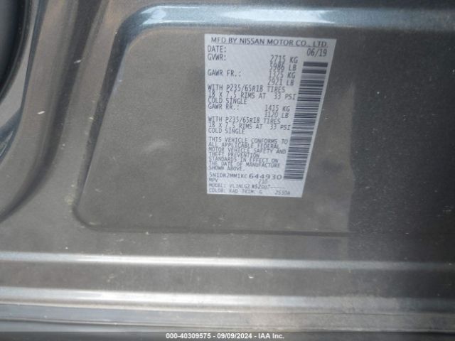 5N1DR2MM1KC644930 Nissan Pathfinder Sl