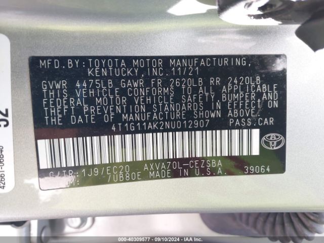 4T1G11AK2NU012907 Toyota Camry Se Nightshade Edition
