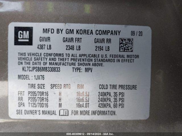 KL7CJPSB6MB330833 Chevrolet Trax Awd Lt