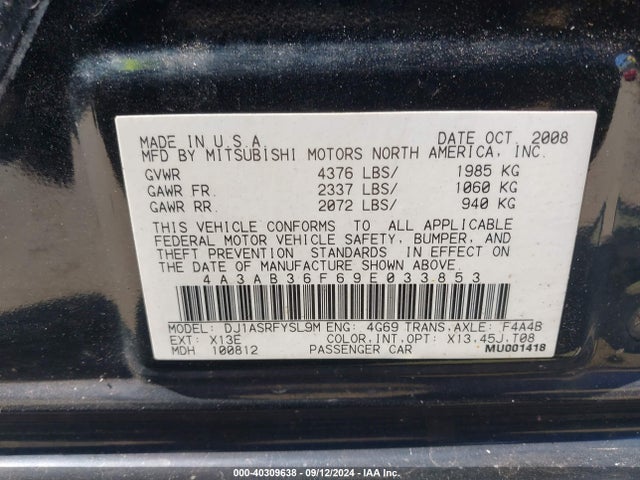 2009 MITSUBISHI GALANT 4A3AB36F69E033853 Photo 8