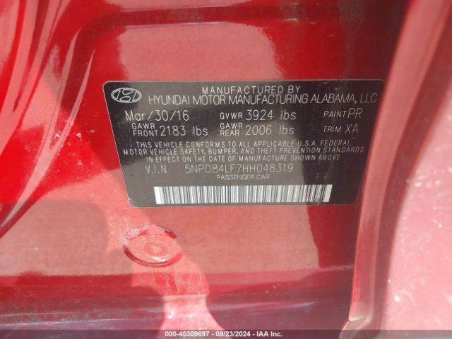 5NPD84LF7HH048319 Hyundai Elantra Limited