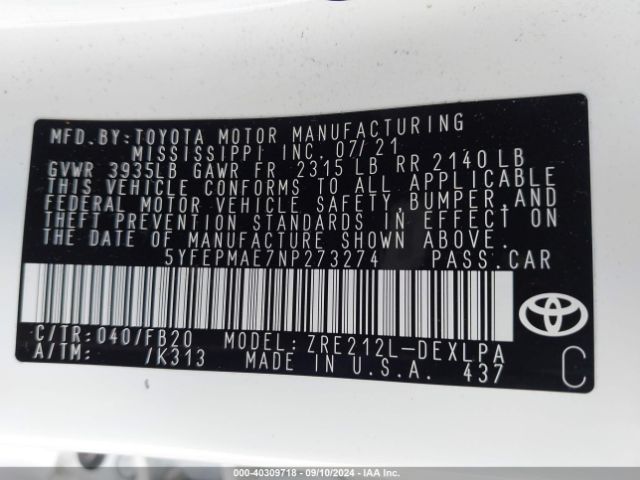 5YFEPMAE7NP273274 Toyota COROLLA LE