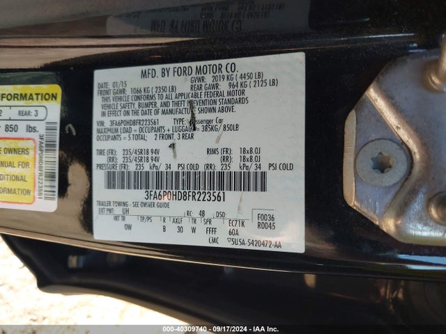 Ford FUSION SE 2015 3FA6P0HD8FR223561 Image 9
