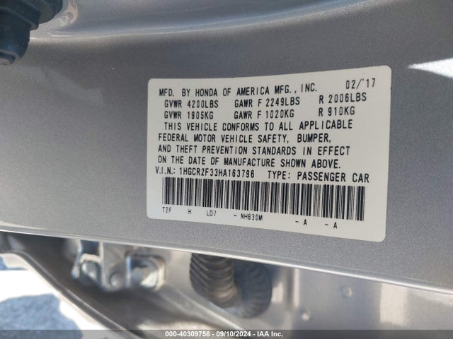 Honda ACCORD LX 2017 1HGCR2F33HA163796 Image 9