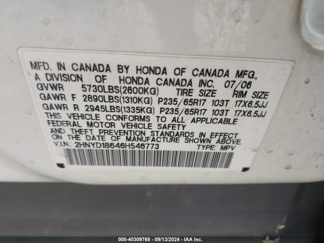 2006 Acura Mdx მანქანა იყიდება აუქციონზე, vin: 2HNYD18646H546773, აუქციონის ნომერი: 40309768