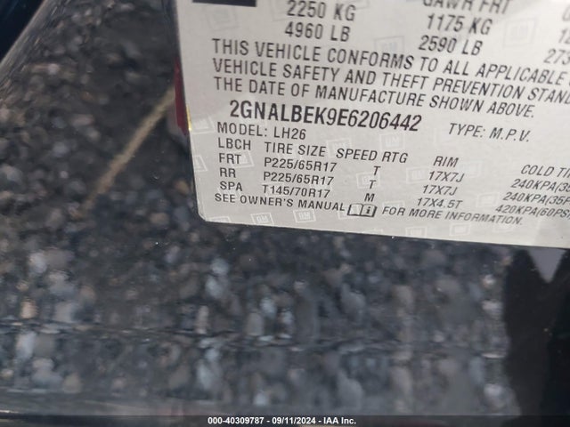 Chevrolet EQUINOX 1LT 2014 2GNALBEK9E6206442 Image 9