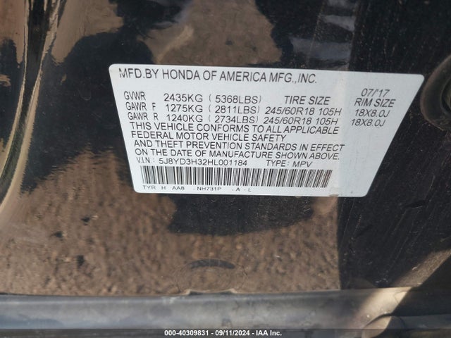 5J8YD3H32HL001184 Acura MDX