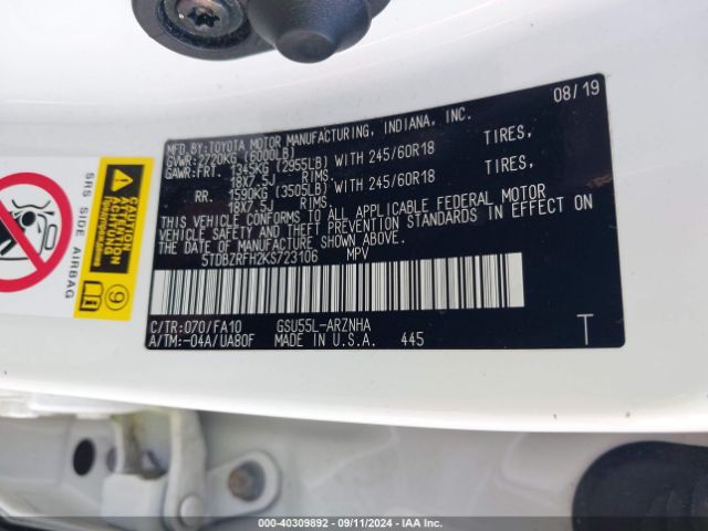 5TDBZRFH2KS723106 Toyota Highlander Le Plus