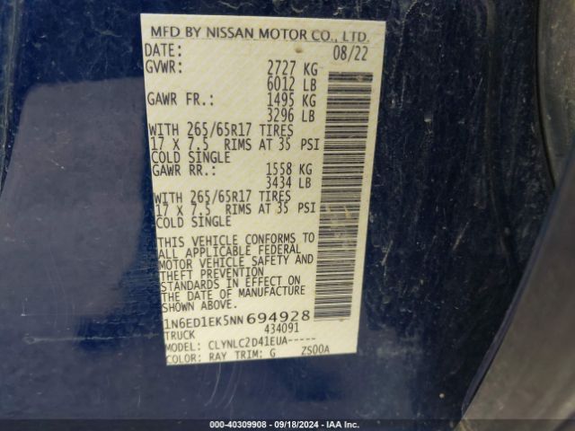 1N6ED1EK5NN694928 Nissan Frontier Sv 4x4