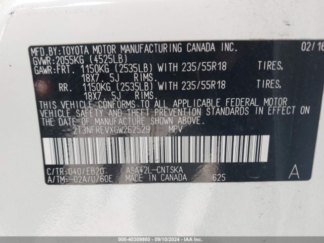2T3NFREVXGW262529 Toyota RAV4 SE