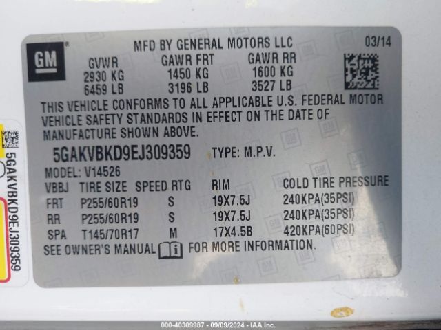 5GAKVBKD9EJ309359 Buick Enclave Leather
