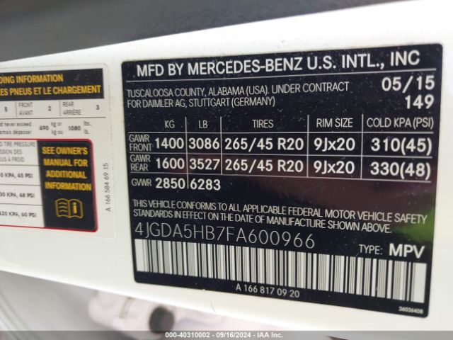 4JGDA5HB7FA600966 Mercedes-Benz Ml 350 4matic