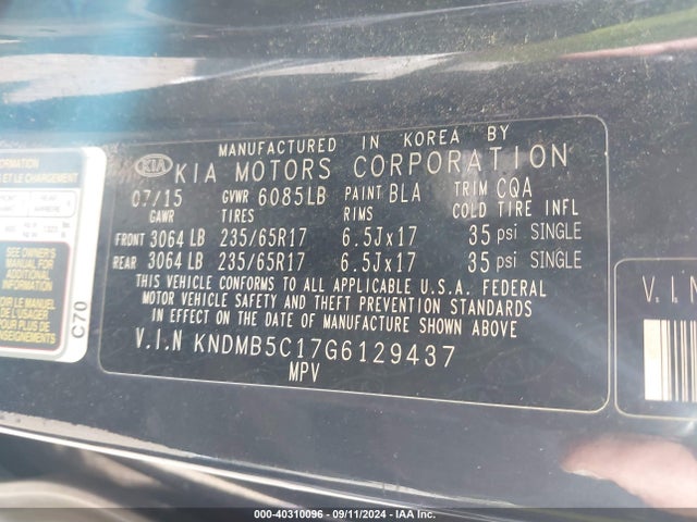KIA SEDONA LX 2016 KNDMB5C17G6129437 Image 9