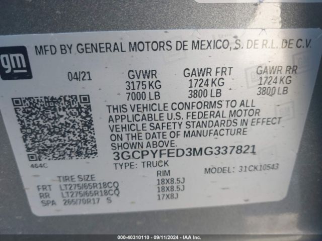 3GCPYFED3MG337821 Chevrolet Silverado 1500 4wd  Short Bed Lt Trail Boss