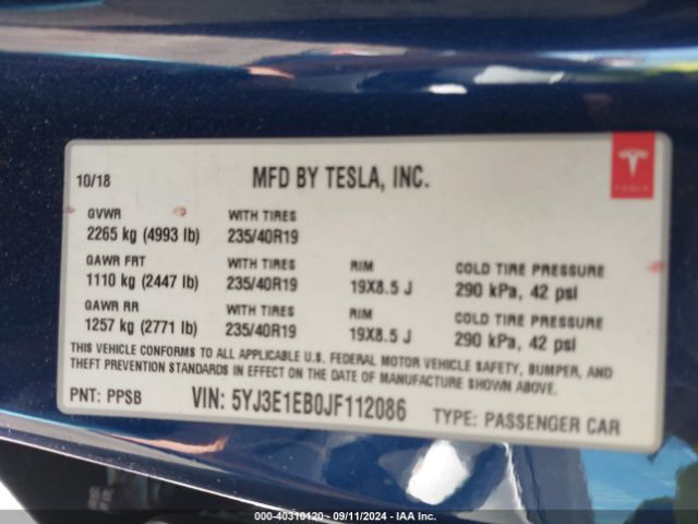 5YJ3E1EB0JF112086 Tesla Model 3 Long Range/performance