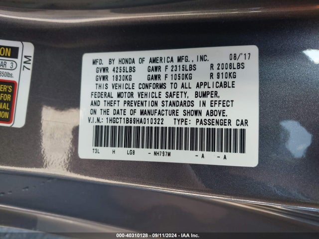 Honda Accord Ex-l 2017 1HGCT1B89HA010322 Image 9