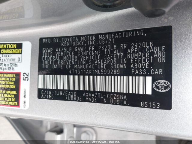 4T1G11AK1MU599289 Toyota CAMRY SE