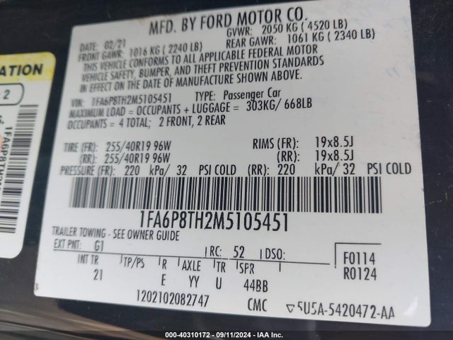 Ford Mustang Ecoboost Fastback 2021 1FA6P8TH2M5105451 Image 9