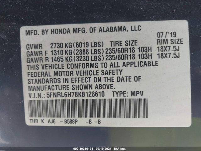 5FNRL6H78KB128610 Honda Odyssey Ex-l